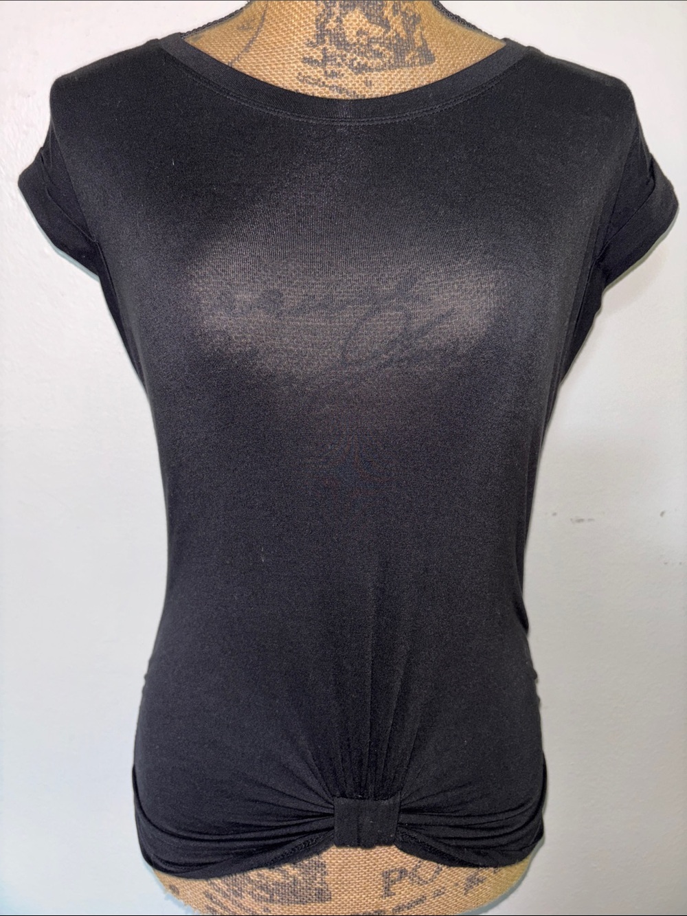 No Boundaries Sz S Black Cuffed Short Sleeve Semi Sheer Knot Front Tee